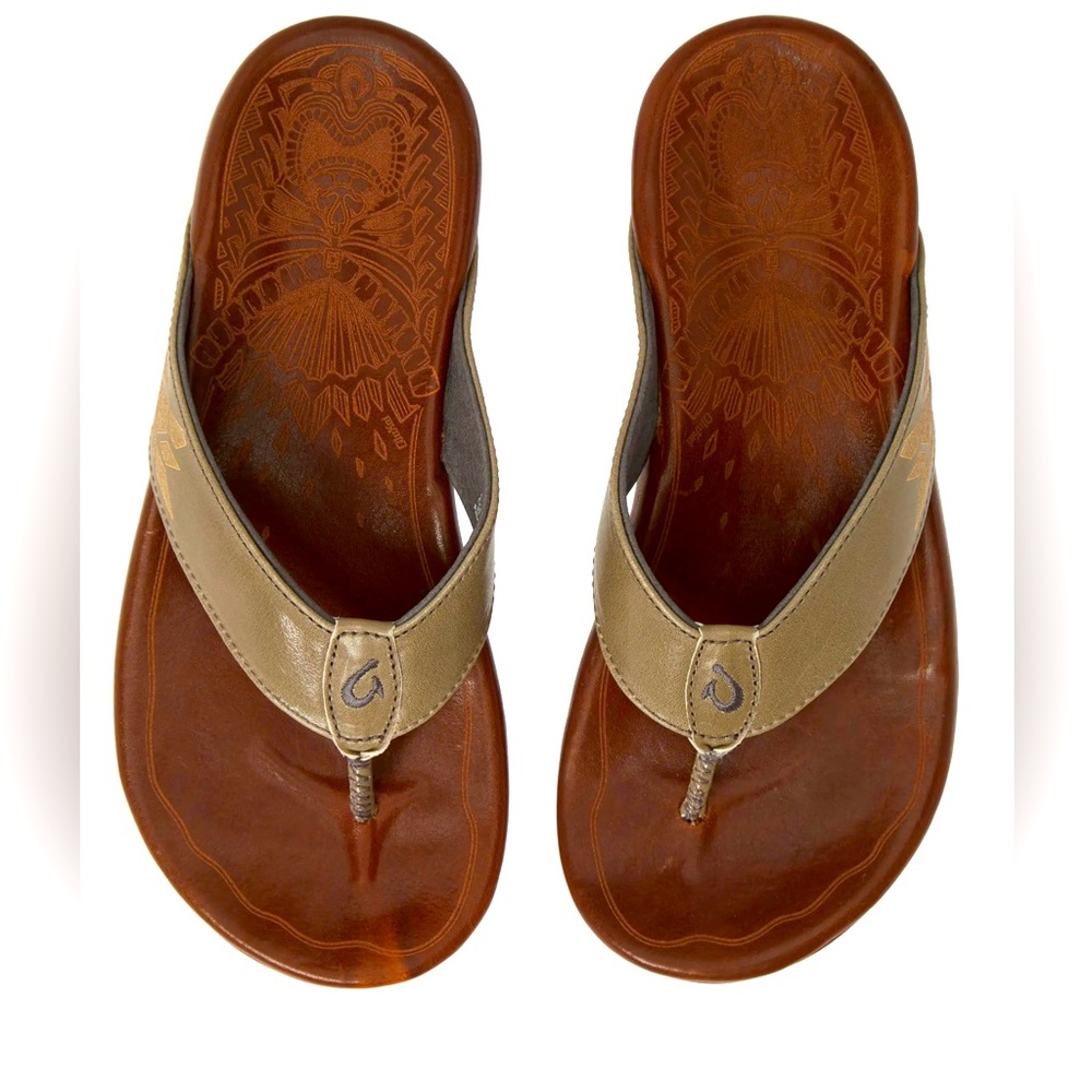 Olukai Premium Leather Kulia Sandal Flip Flop Charcoal/Dark Wood EUC 42, 9 Men